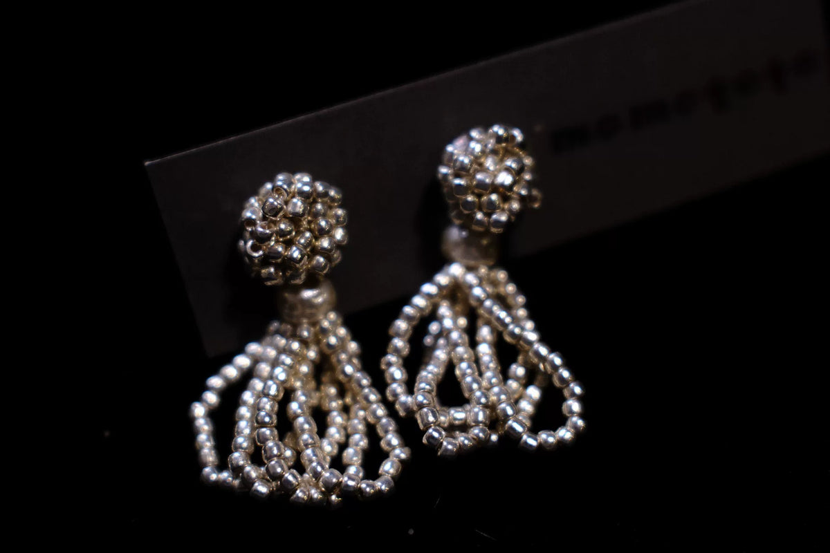 Silver Seed Bead Teardrop Fringe Earrings