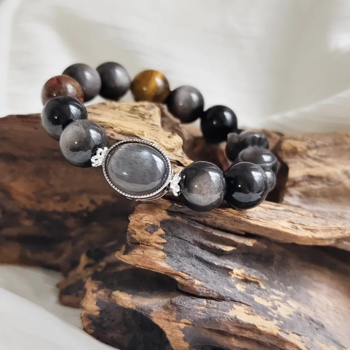 Black Obsidian Silver Sheen Beaded Bracelet