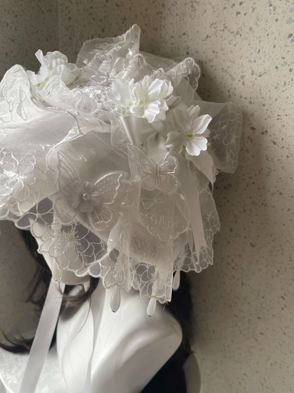 Lolita White Lace Flat Bonnet Handcrafted