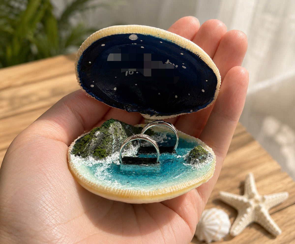 Handcrafted Shell Ring Box with Starry Sky