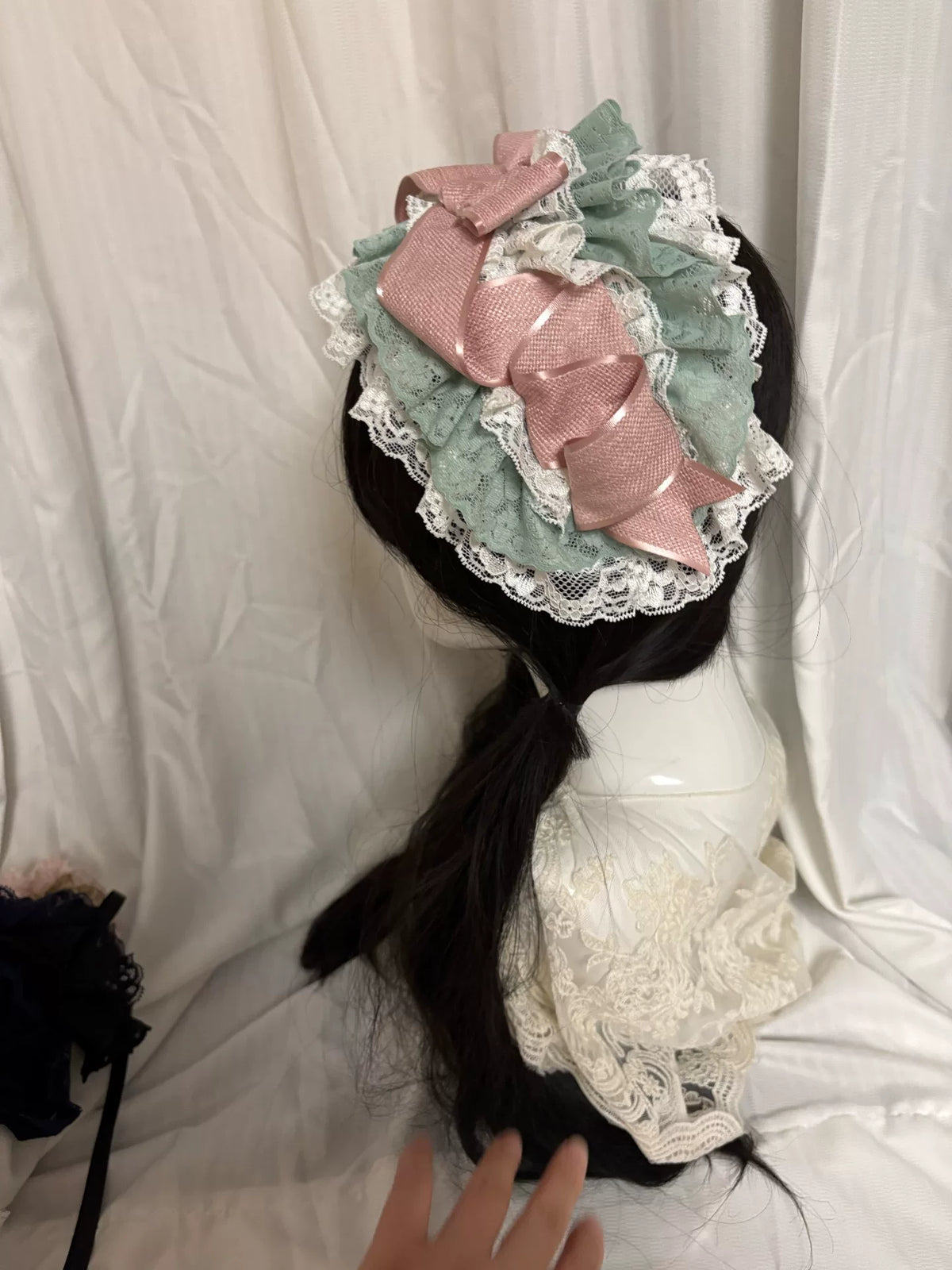 White and Mint Lace Ruffled Bonnet