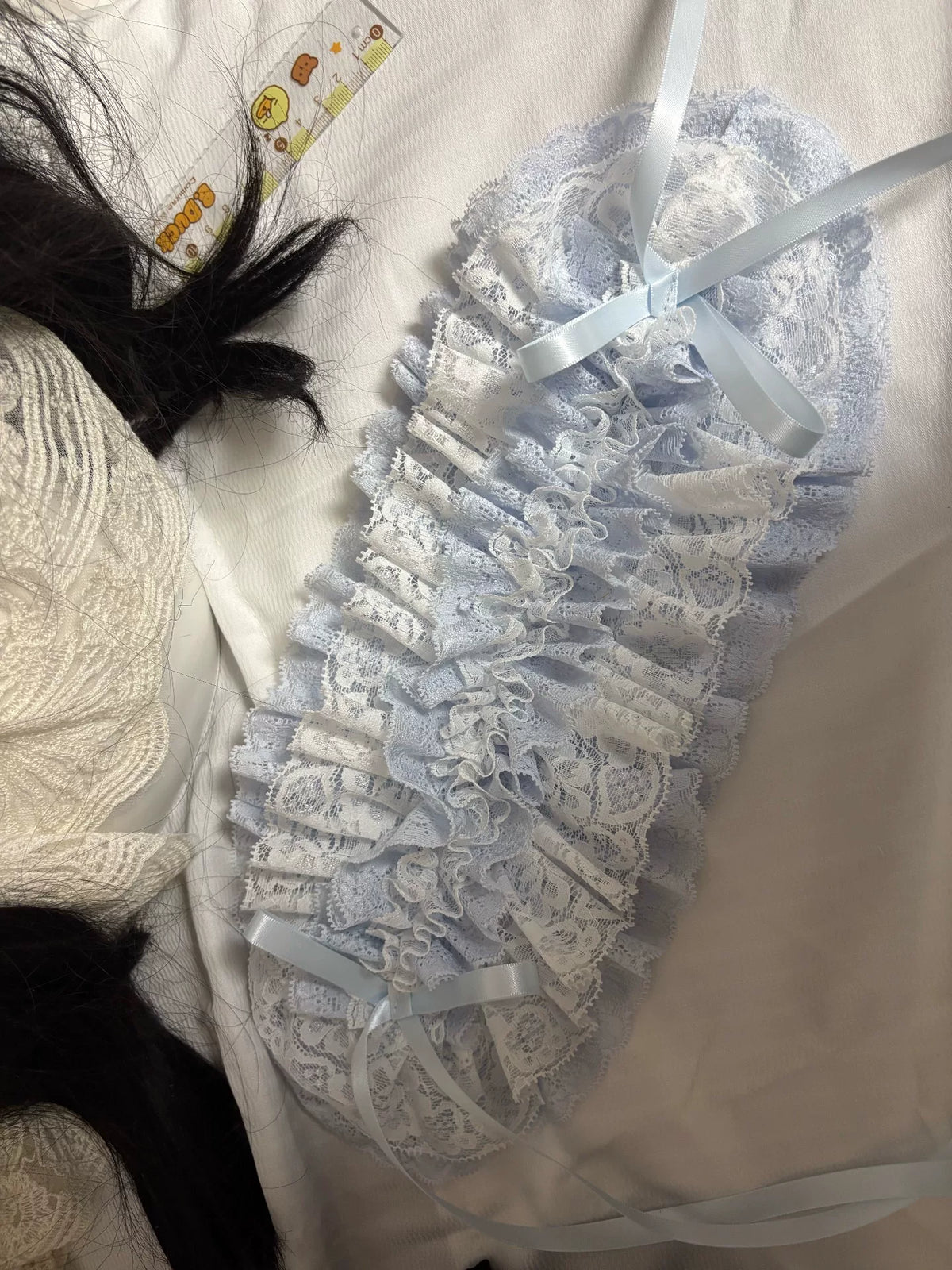 Handmade White and Light Blue Lace Bonnet