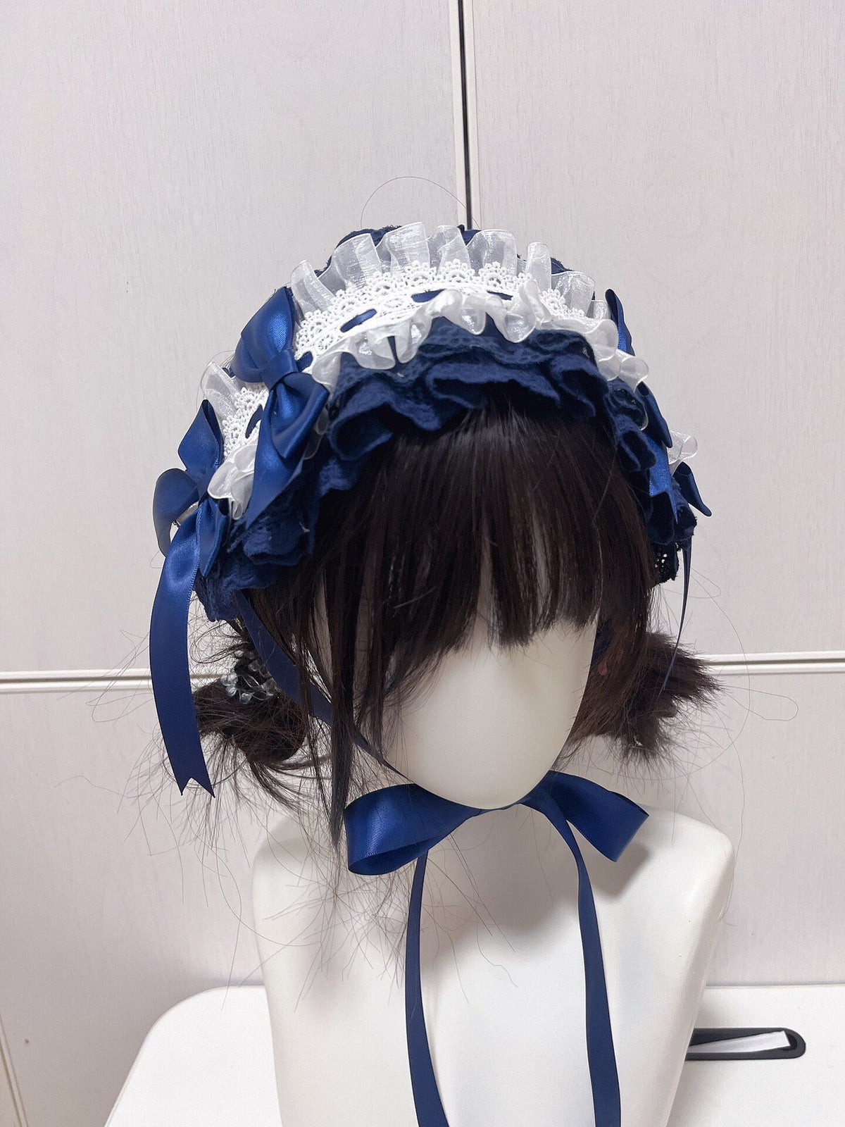 Navy Blue Lace Lolita Bonnet Headpiece