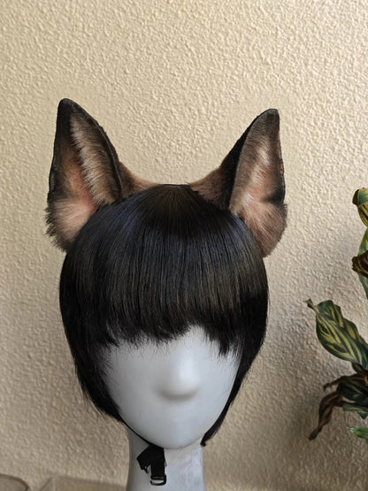 Handmade German Shepherd Rounded Ears, 9cm Height, Gradient Black-to-Brown Faux Fur