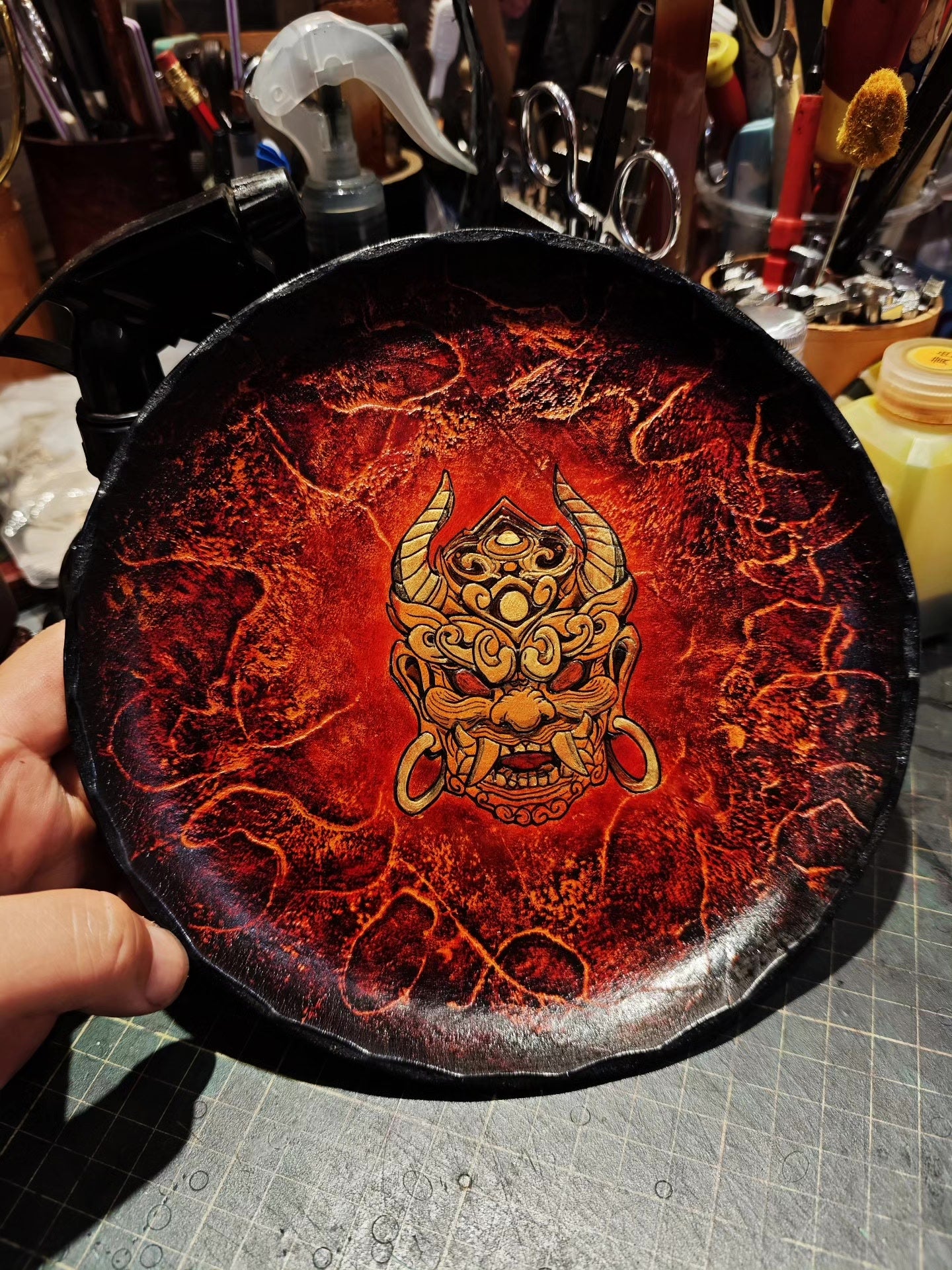Handcrafted Leather Tray with Lava Gradient and Raised Mask Carving