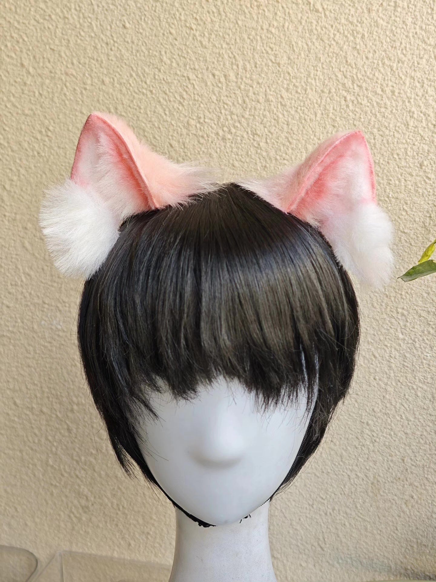 Handmade Cat Ears Headband Pink White Gradient Fur with Pom-Poms