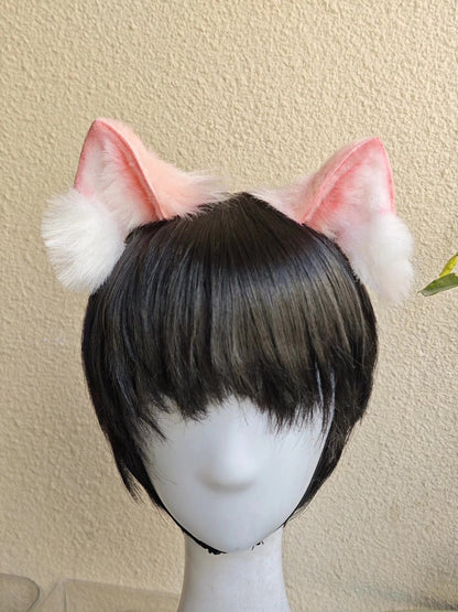 Handmade Cat Ears Headband Pink White Gradient Fur with Pom-Poms