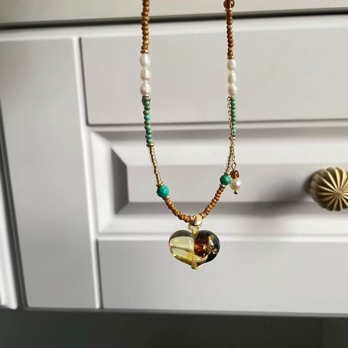 Natural Flower Amber Heart Necklace