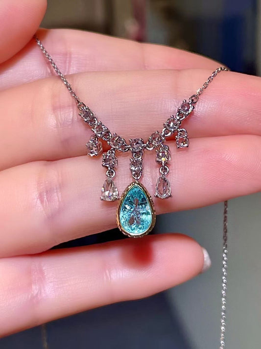 18K Gold Paraiba Tourmaline Diamond Pendant Necklace 1.13ct Main Stone 0.75ct Diamonds