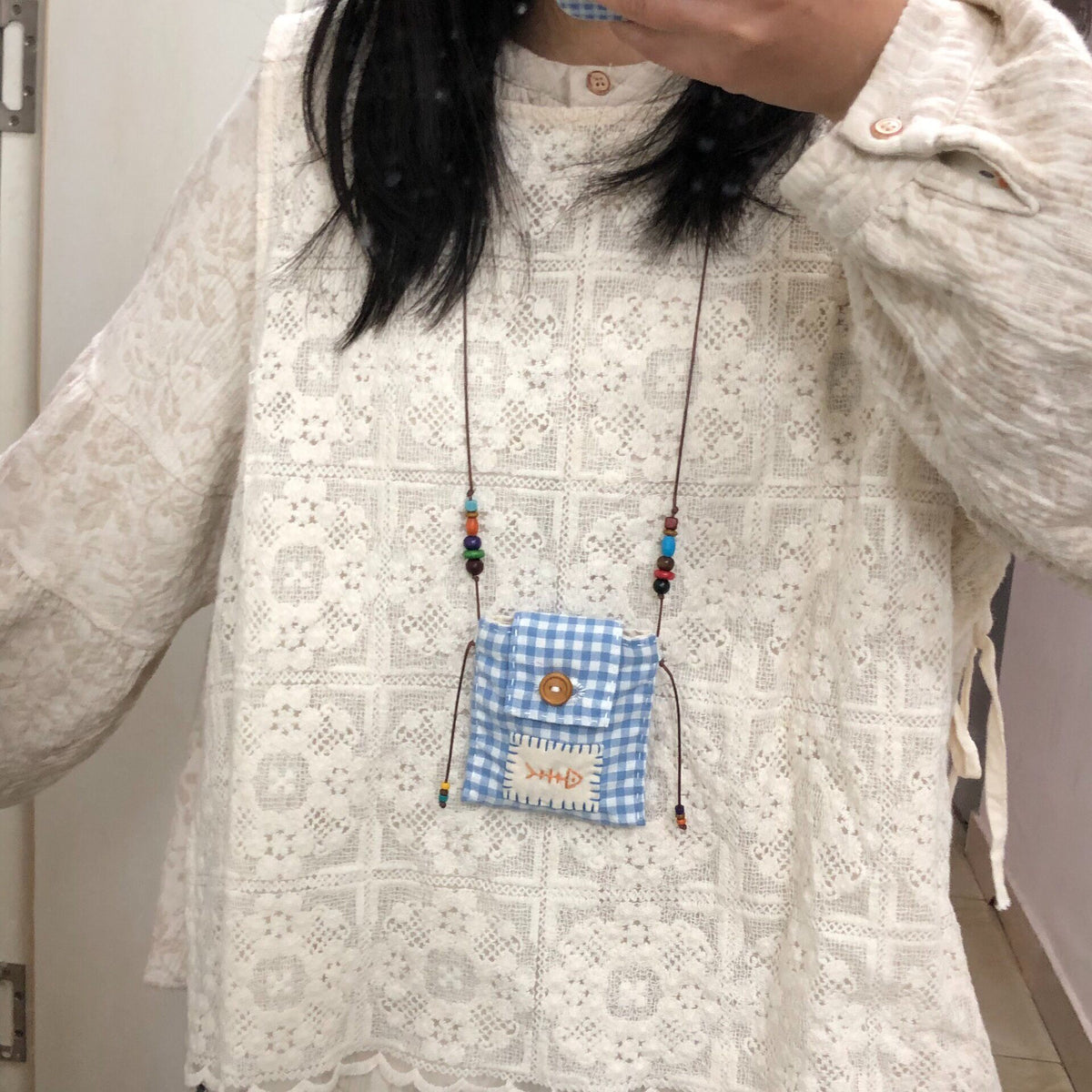 Blue Gingham Fish Embroidery Earphone Pouch