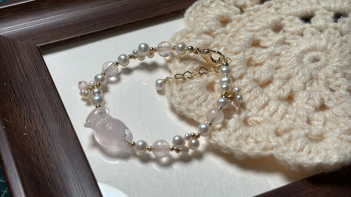 Handmade Rose Quartz Cat Pearl Woven Bracelet