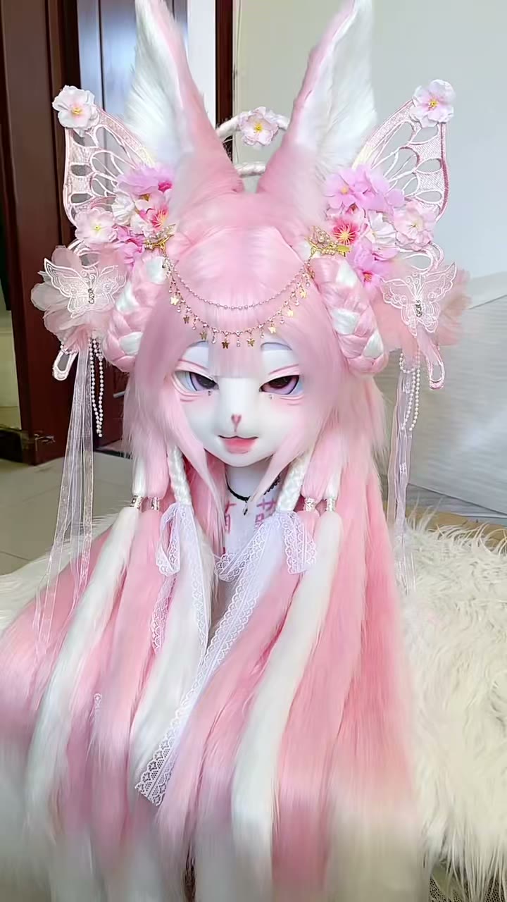 Pink White Fox Ear Headpiece with Wig