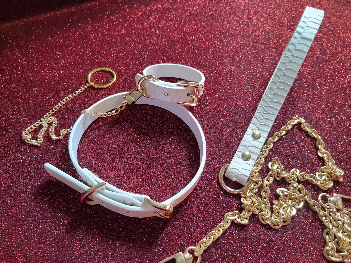 Pearlescent White Leather Pet Collar Bracelet Set