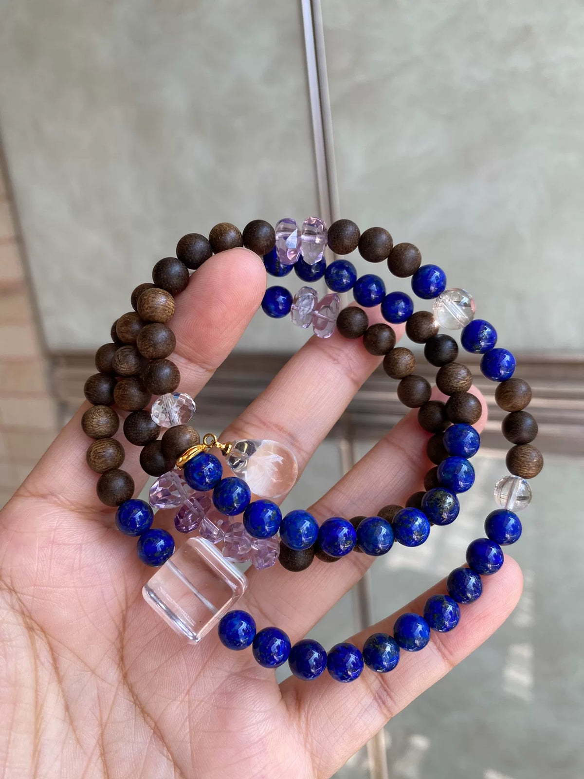 Lapis Lazuli Agarwood Amethyst Triple Wrap Bracelet