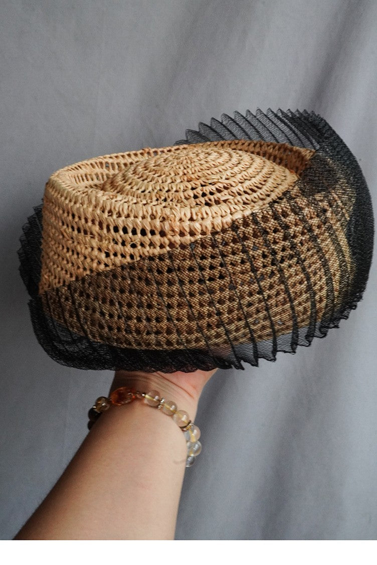 Raffia Pillbox Hat with Black Netting