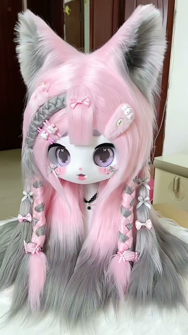 Coiffe de loup et renard en peluche rose pastel