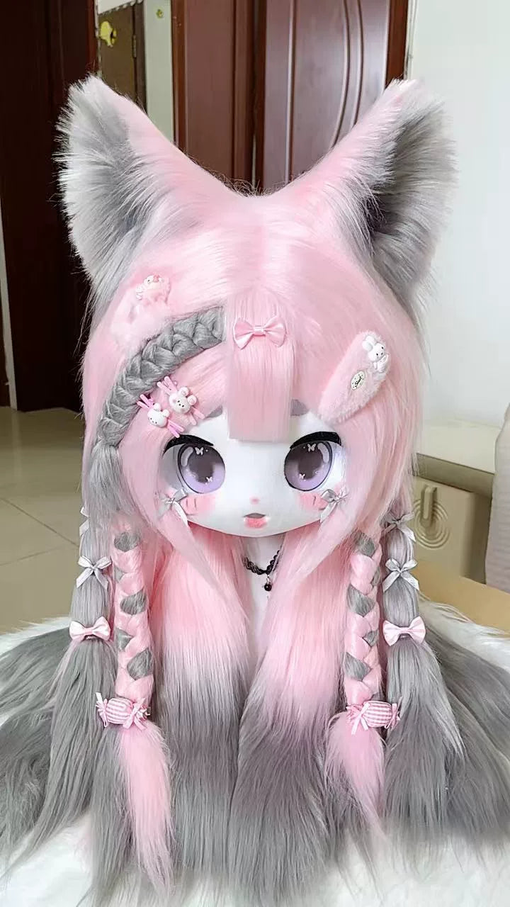 Coiffe de loup et renard en peluche rose pastel