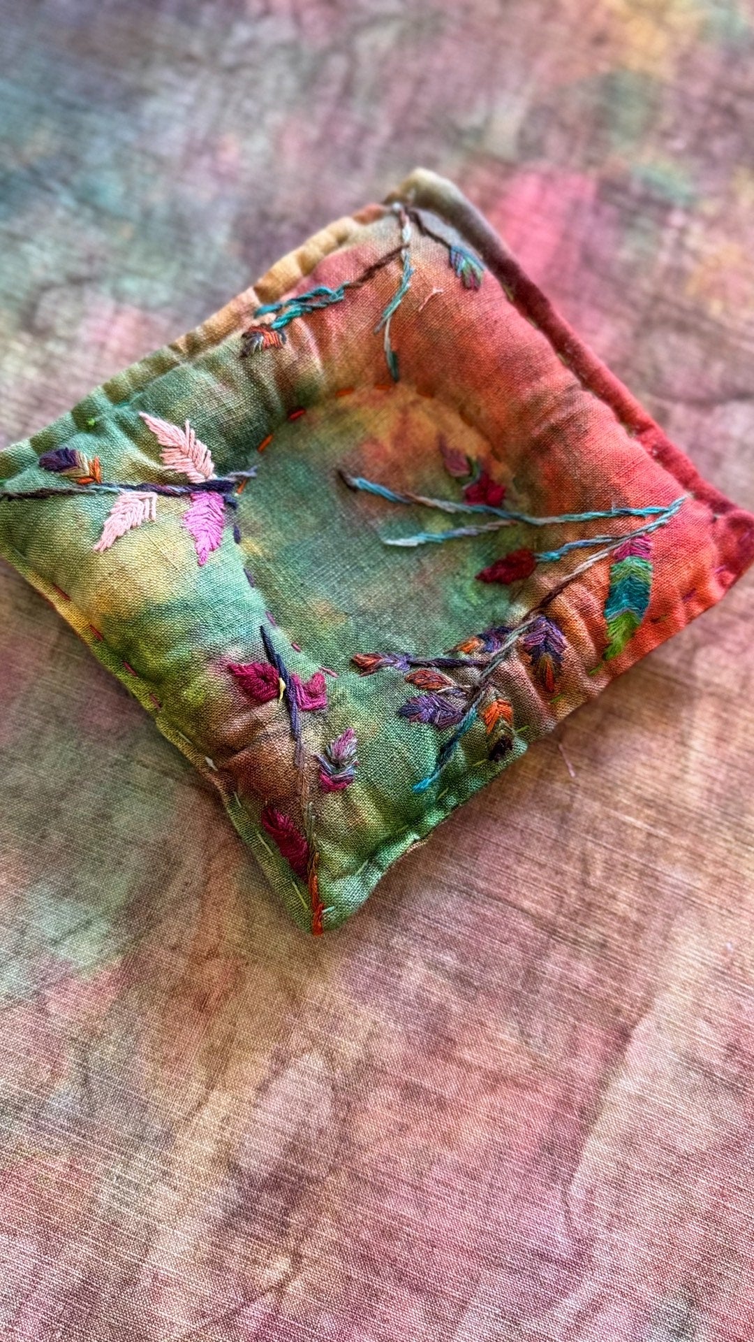 Handwoven Plant-Dyed Fabric Coaster with Embroidery