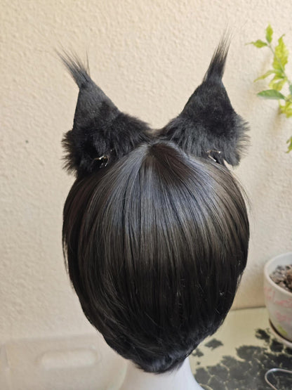 Handcrafted Maine Coon Cat Ears with Black Fur and Pink Inner Detail