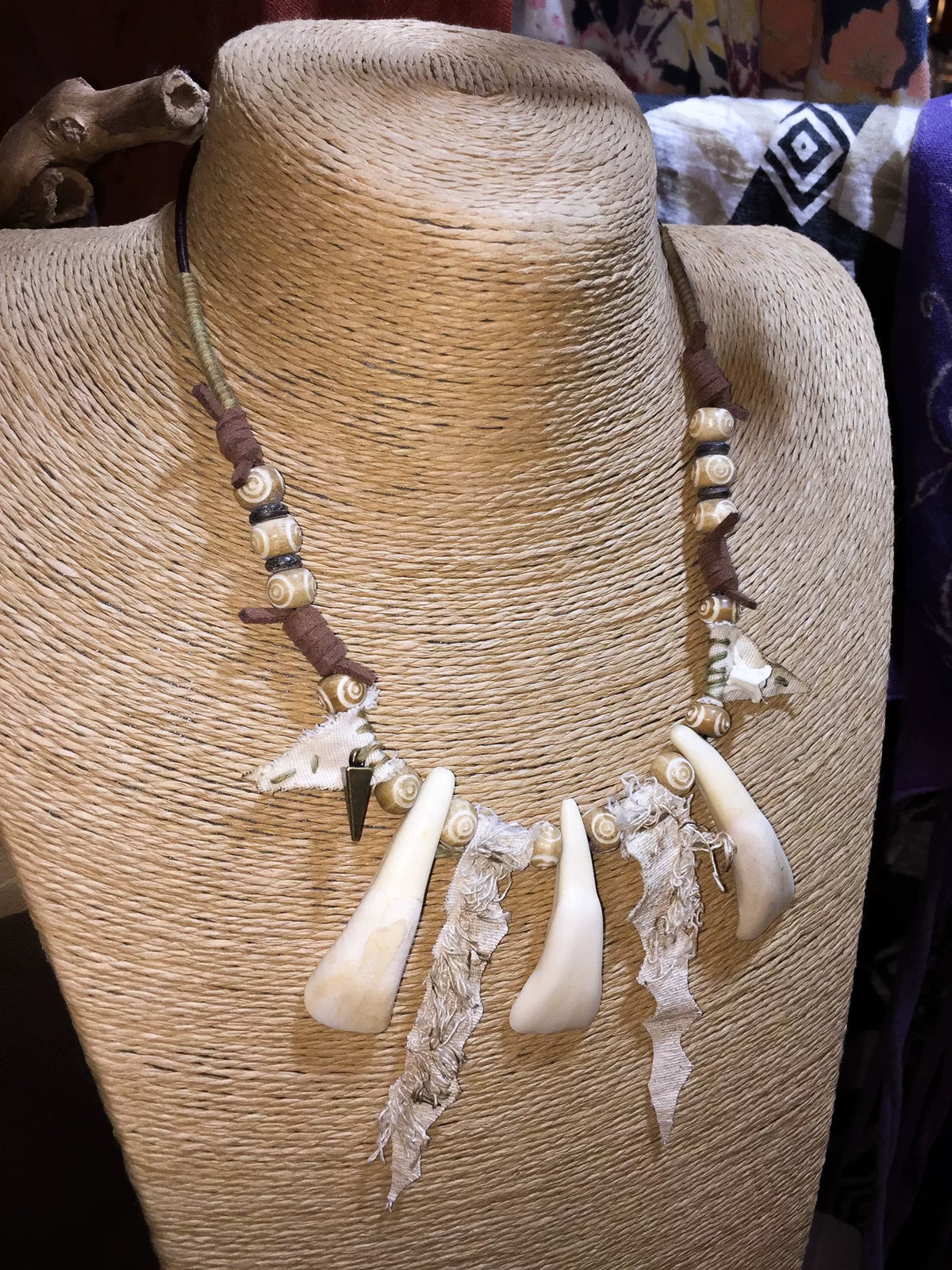 Tribal Tassel Cow Tooth Bone Necklace