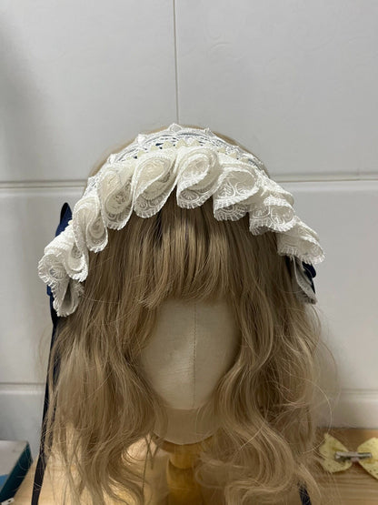 Lolita Navy Blue Bow White Lace Headband