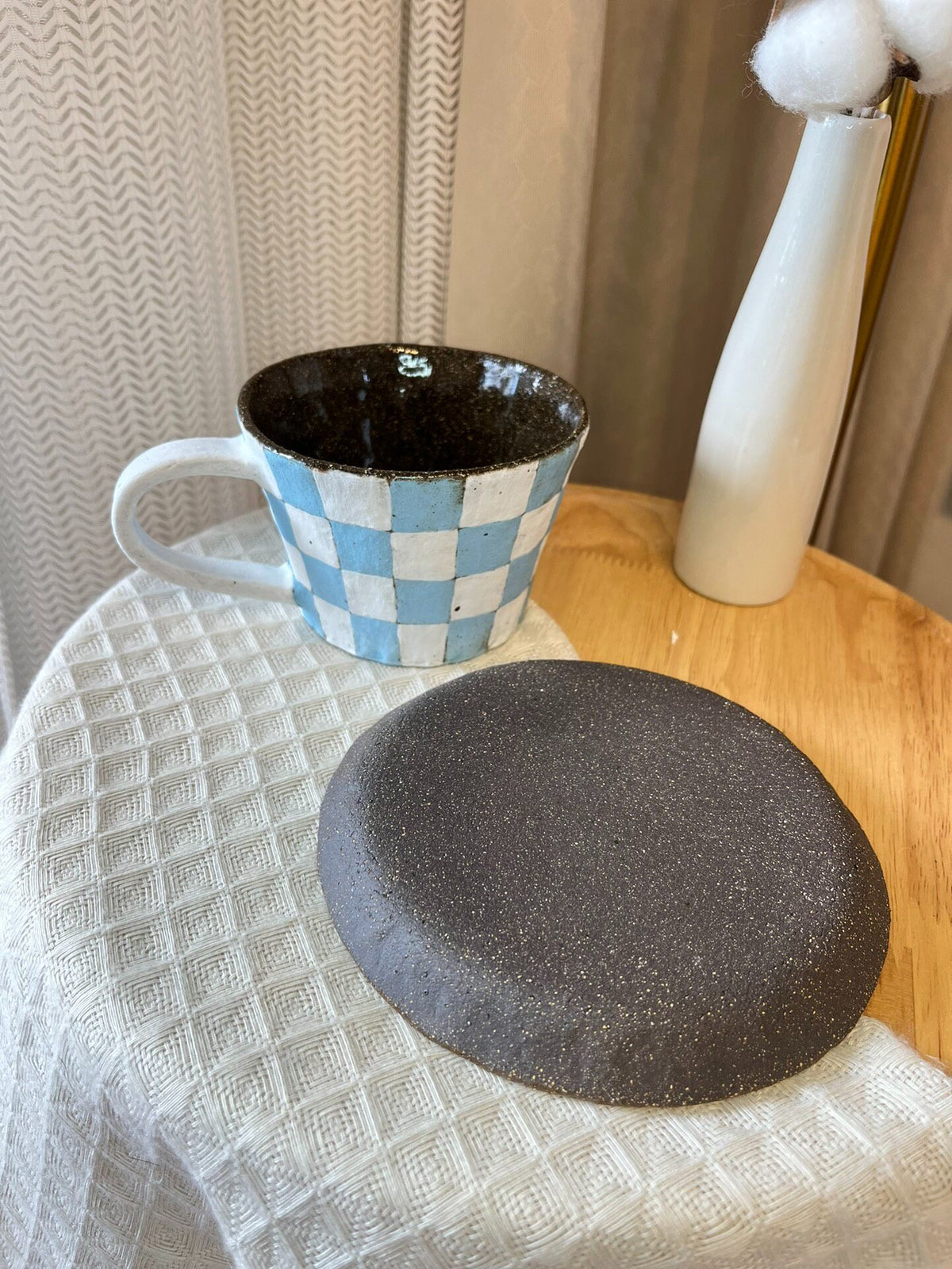 Handmade Black Clay Checkered Mug Set