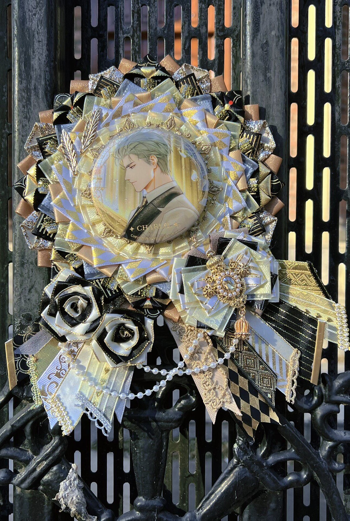 Black Gold Asymmetrical Badge Holder Pearl Chain