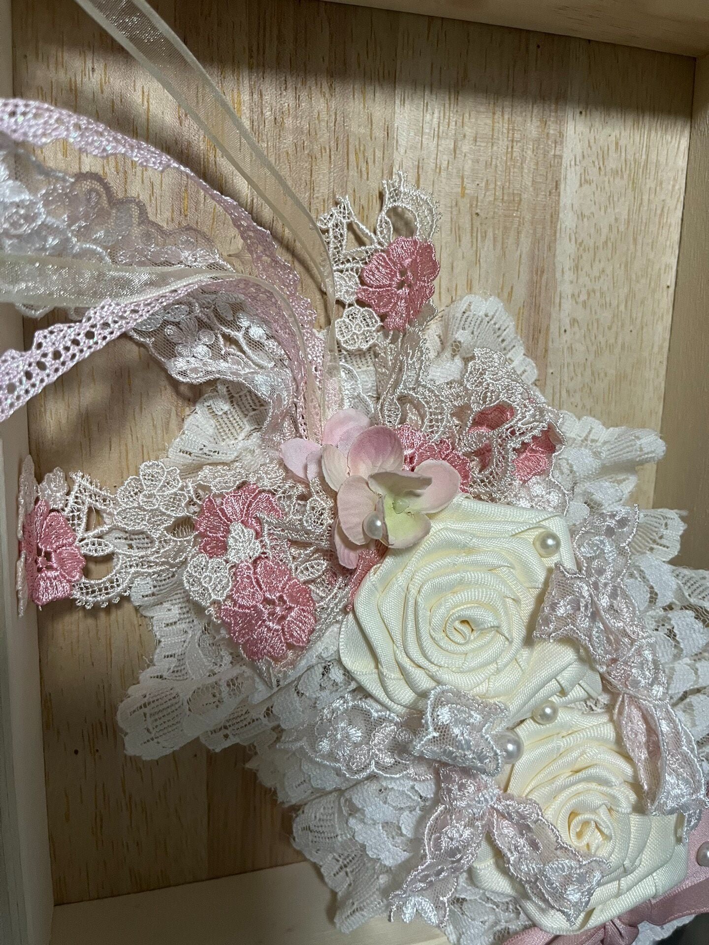 Lolita Handmade Lace Flower Headpiece with Pink Roses and Pearl Accents