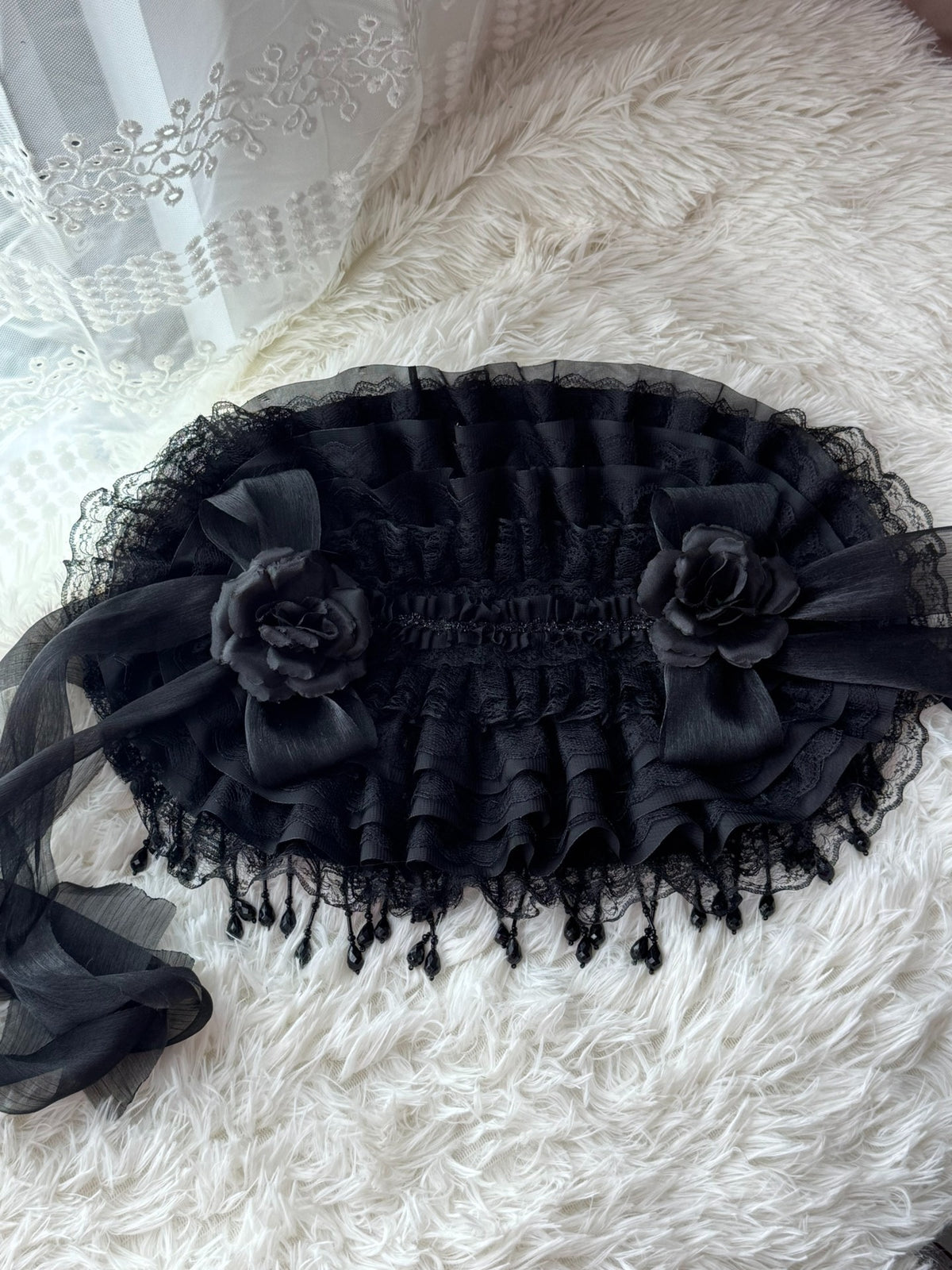 Gothic Lolita Widow Hat with Black Pearl Tassels
