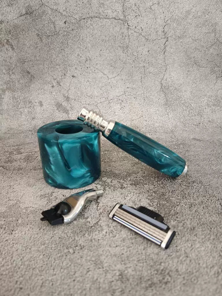 Teal Resin Manual Razor Handle and Stand