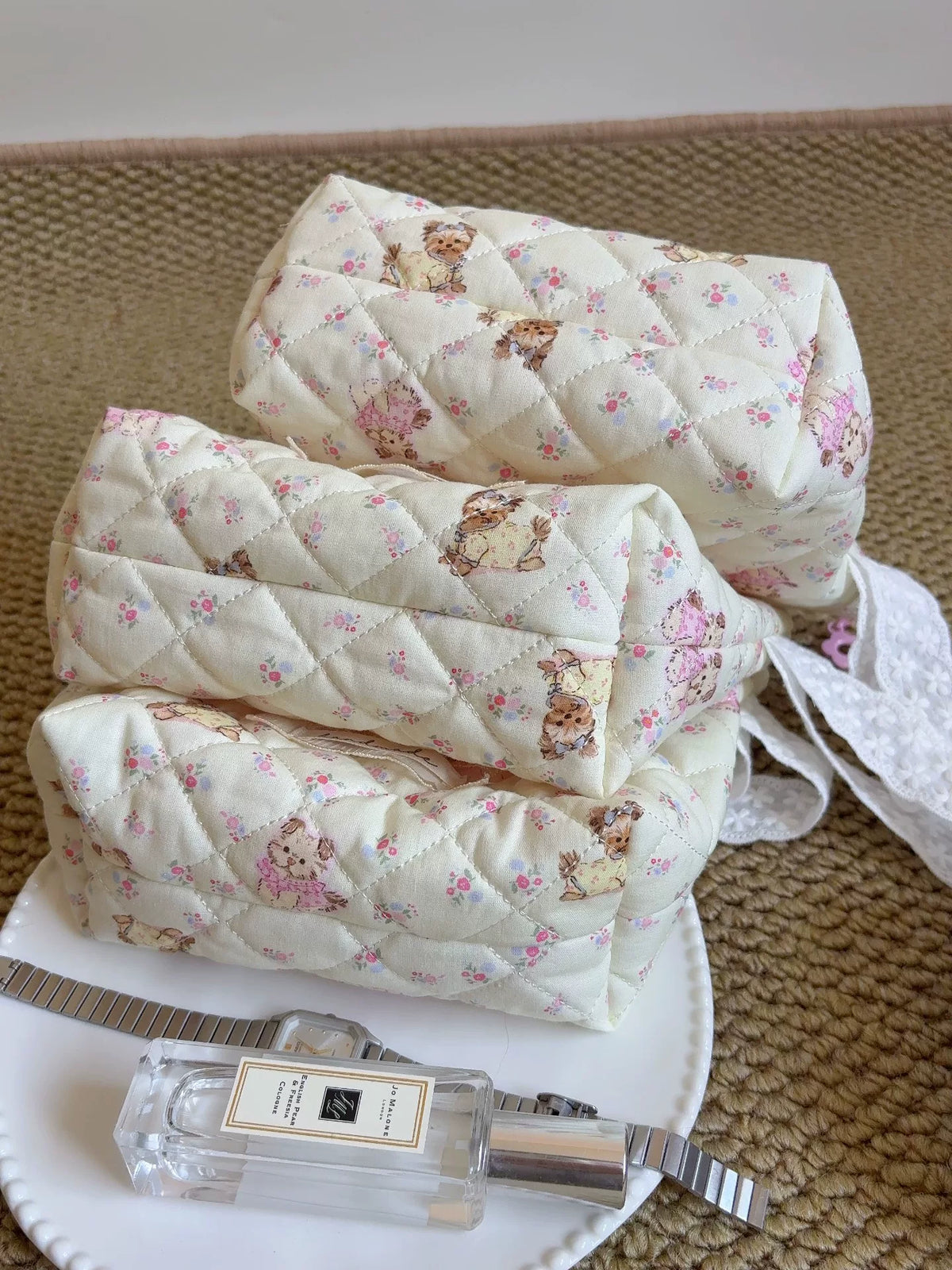 Quilted Yorkie Wash Bag with Lace Handle