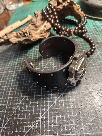 Steampunk Leather Cuff Bracelet with Skull and Gear Emblem