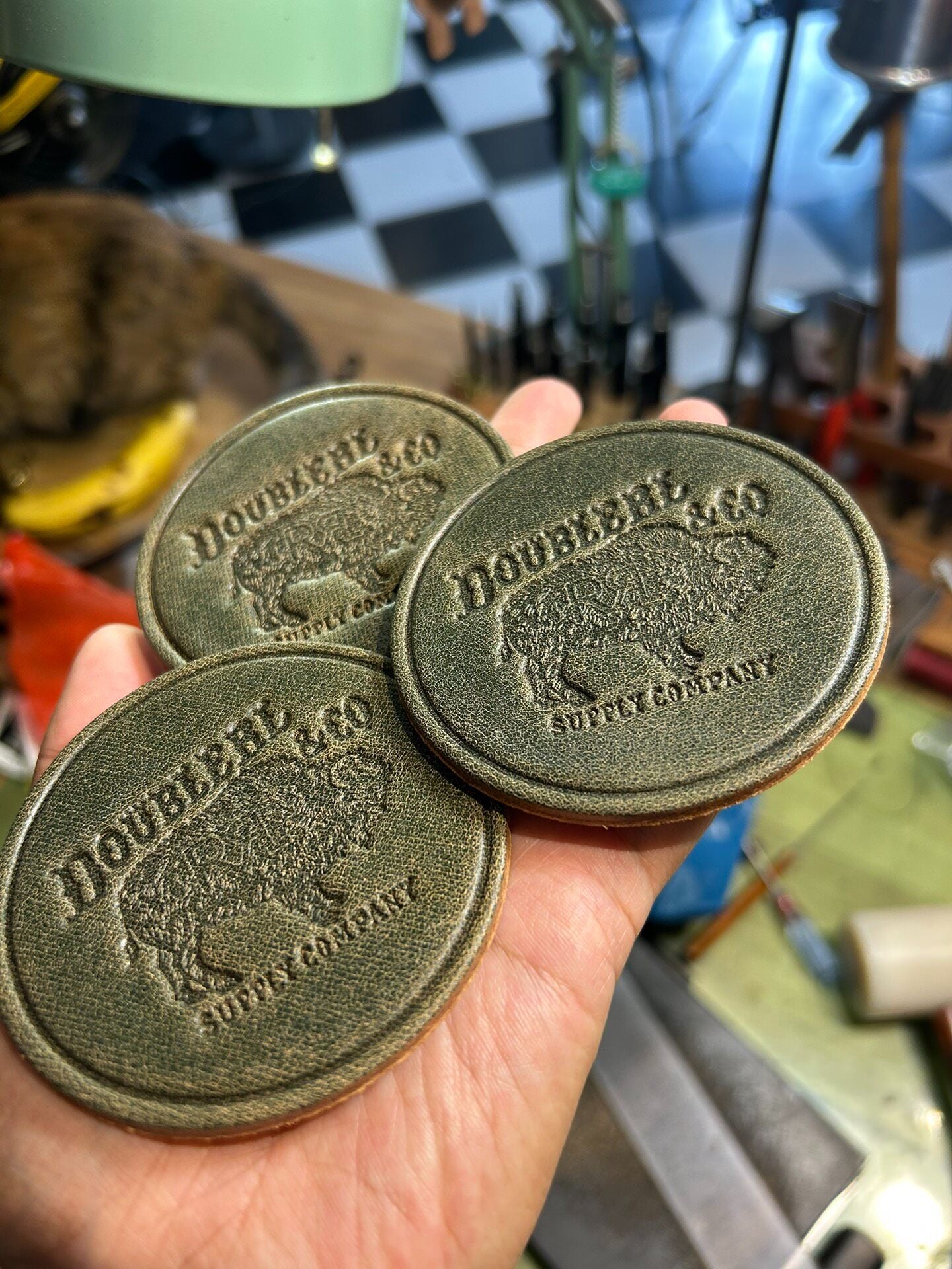 Set of Three Vegetable-Tanned Leather Coasters with Bison Embossed Design