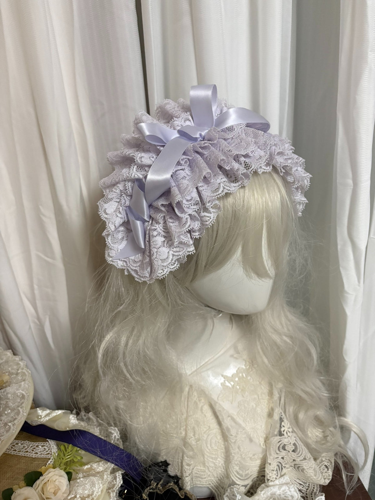 Lavender Lace Ruffle Headpiece with Satin Bow
