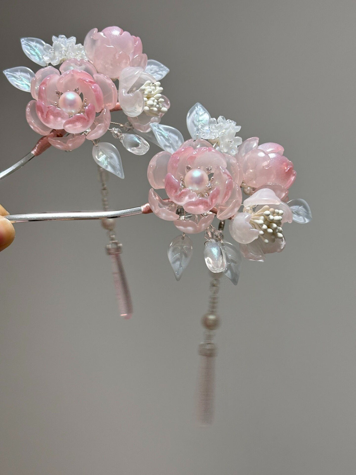 Glazed Peony Hairpin with Pink Crystal Drops