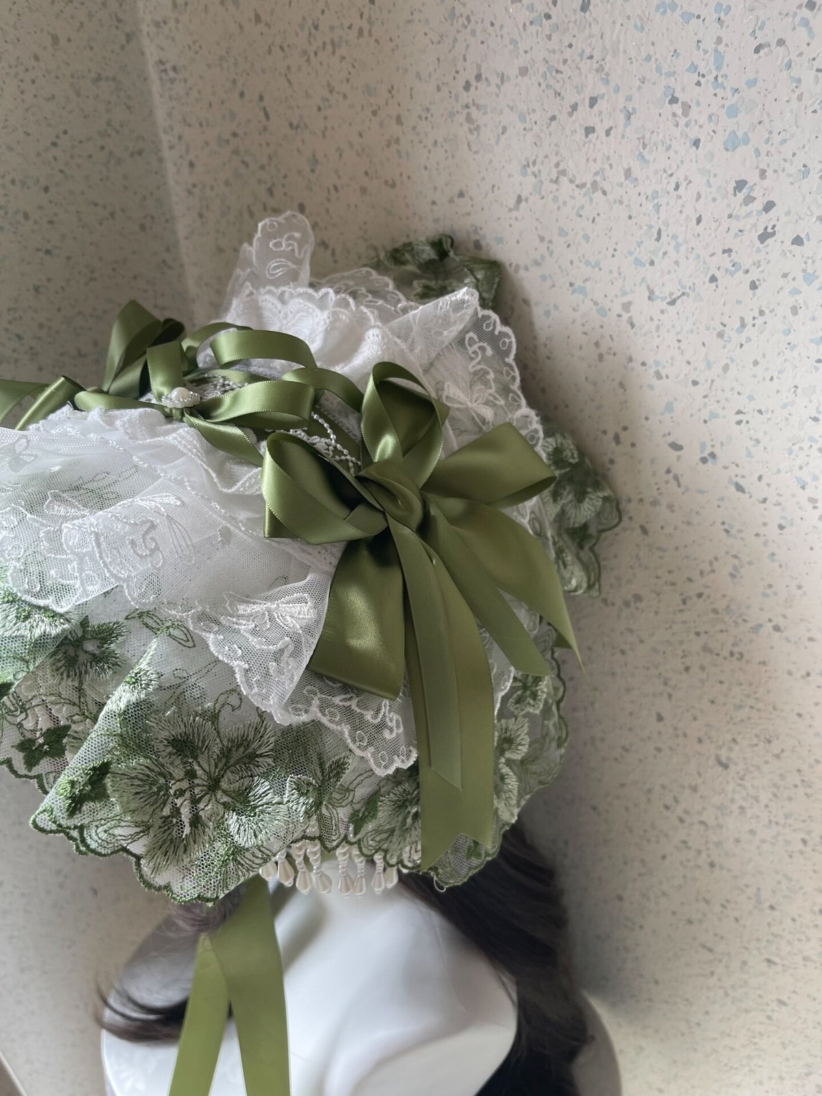 Lolita Green Lace Flat Bonnet Handmade