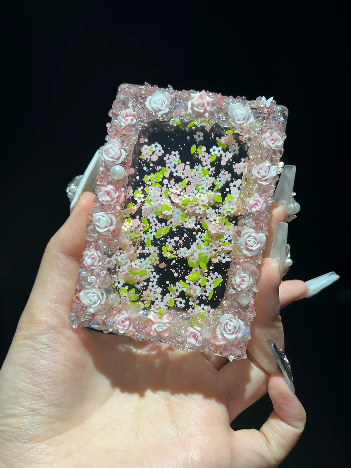 Roze Bloemen Quicksand Card Brick met Kristallen