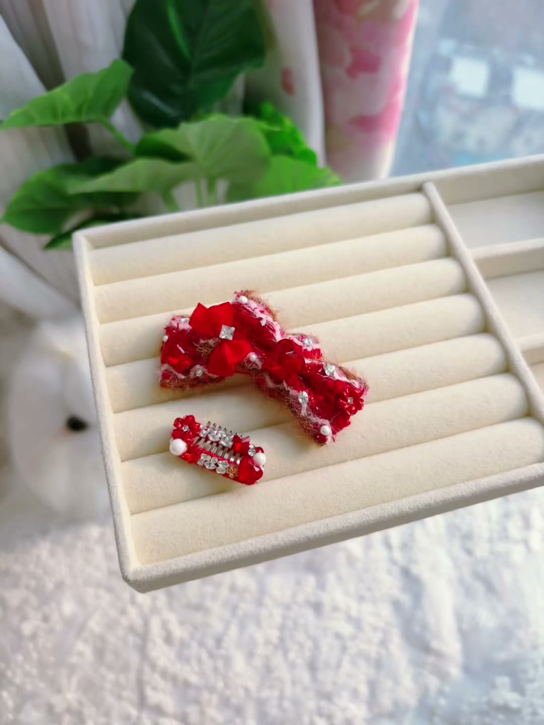 Handmade Red Plush Crystal Pet Hair Clip Set