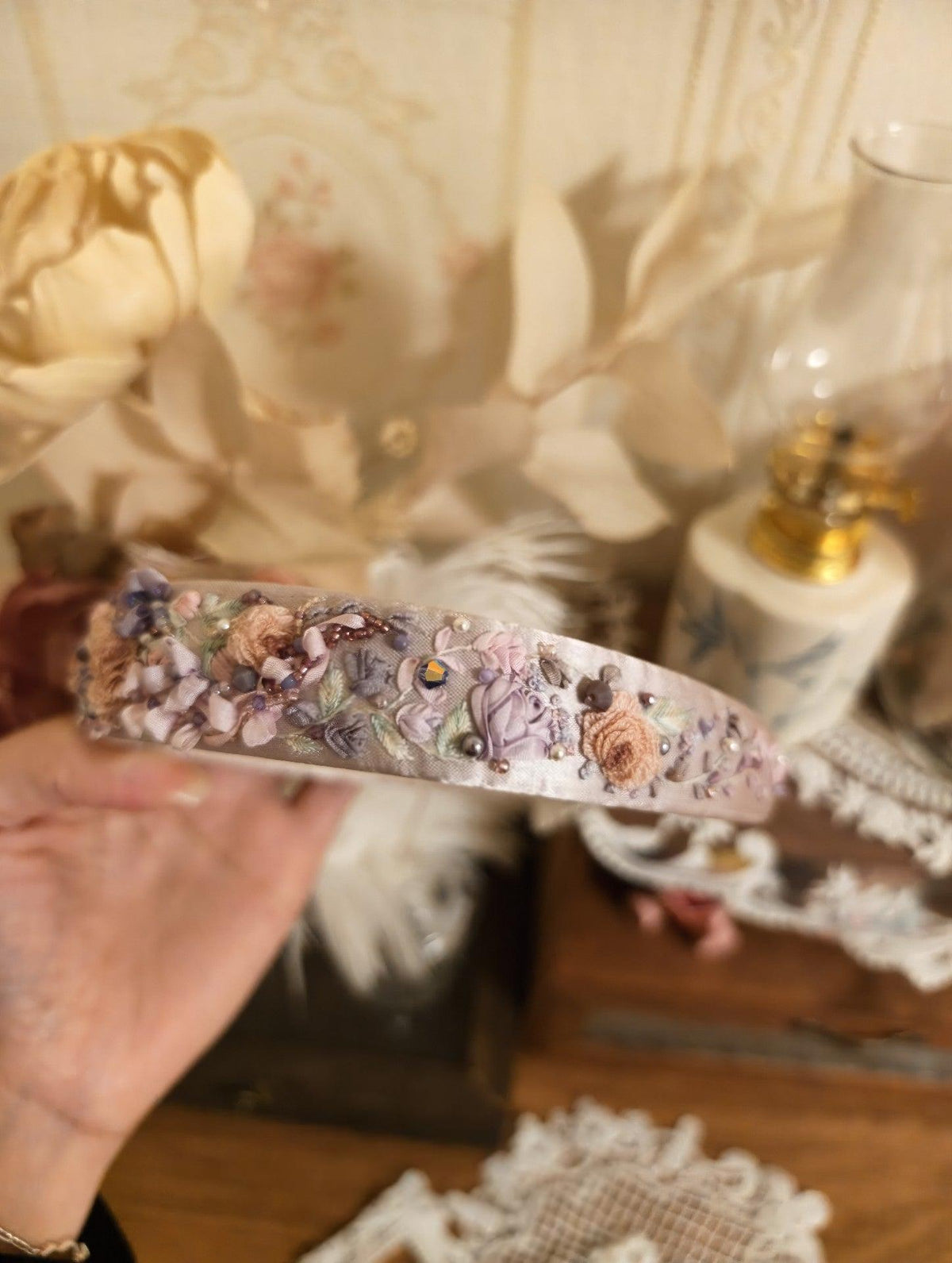 Embroidered Floral Headband Pastel Beaded Design