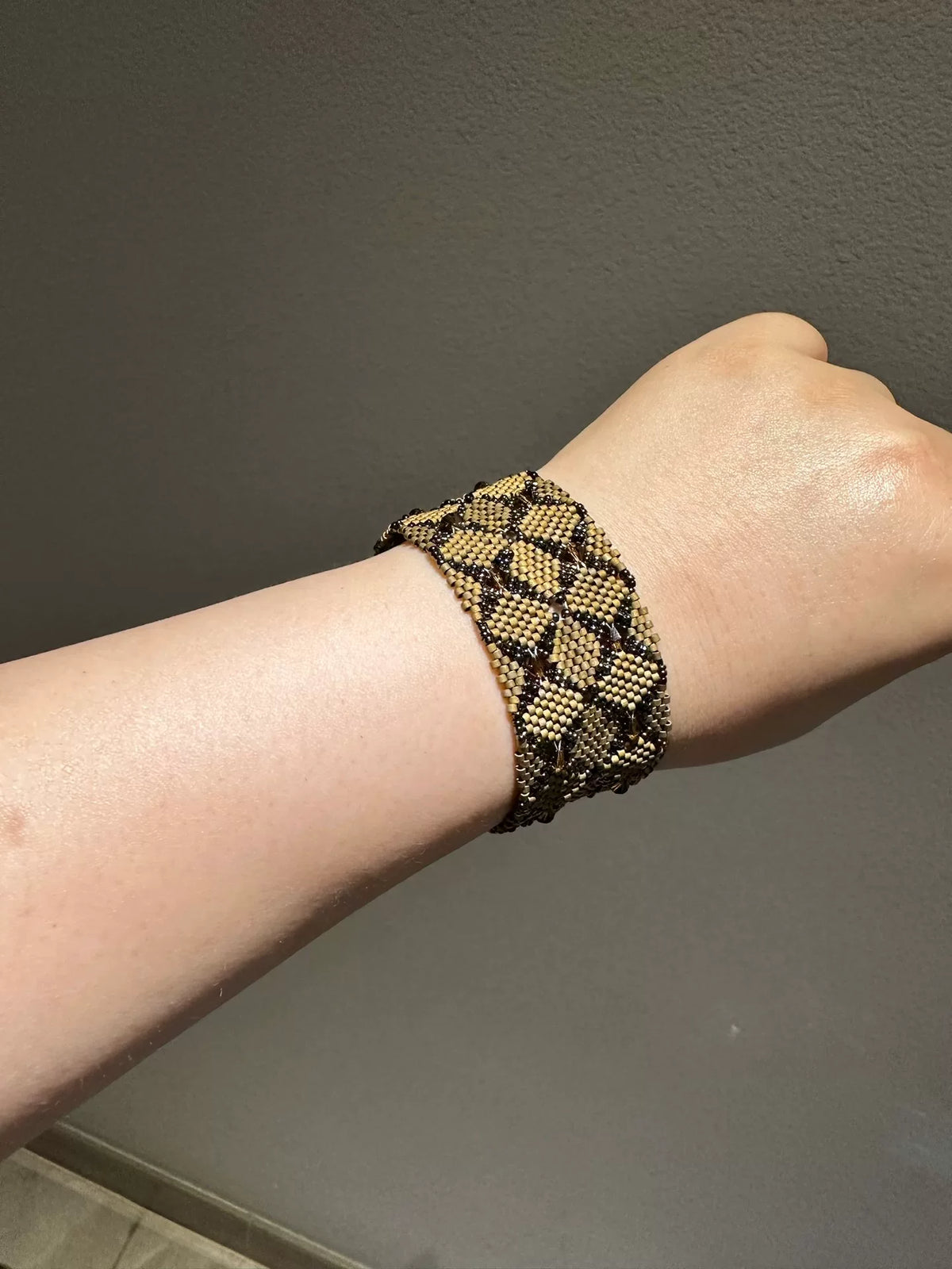 Handcrafted Wide Bead Cuff Bracelet Antique Gold Black