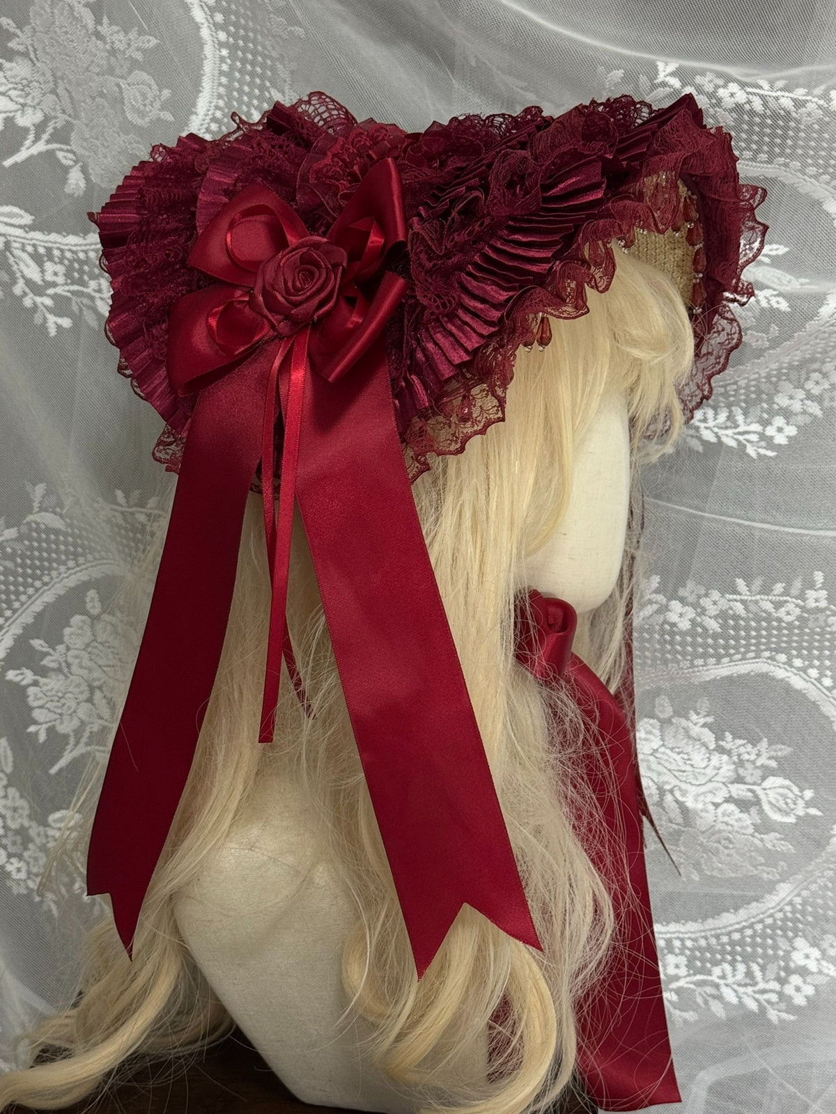 Wine Red Lolita Bonnet with Satin Bow