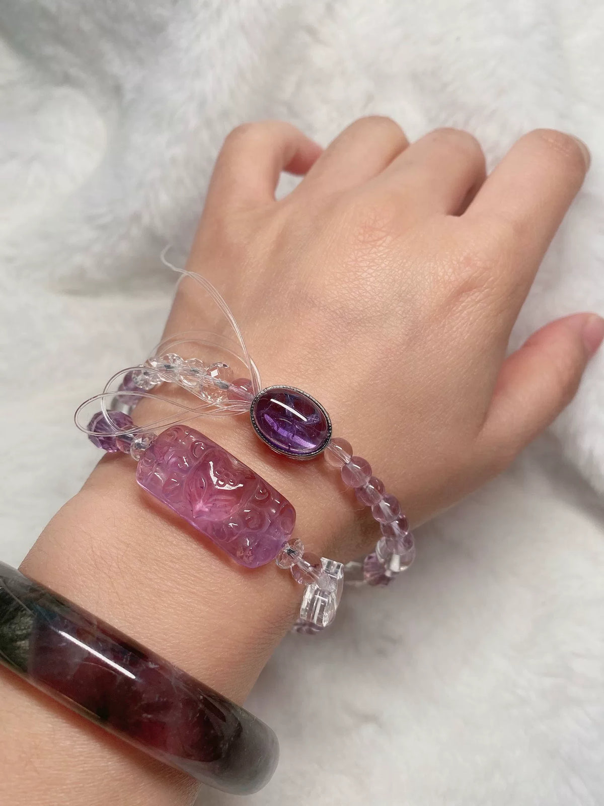 Bracciale a doppio avvolgimento in ametista e cristallo con ciondolo volpe
