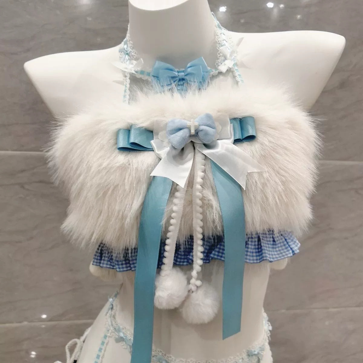 White Faux Fur Halter Two Piece Set