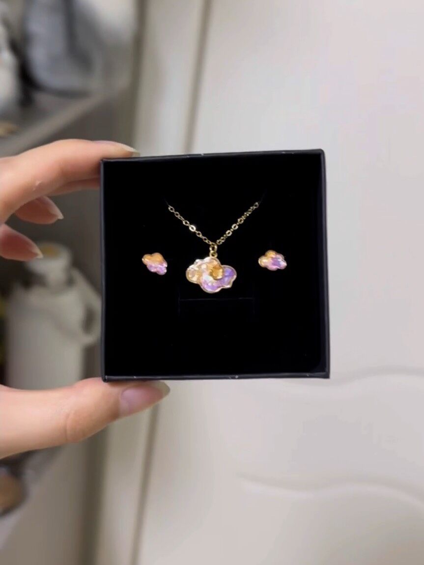 Gold-Plated Copper Cloud Motif Necklace & Earring Set with Iridescent Accents