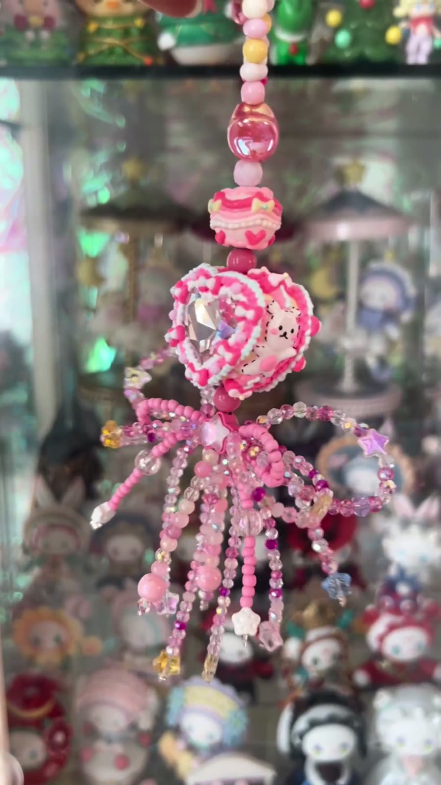 Acessório de Mala Charm de Coração com Miçangas Rosas