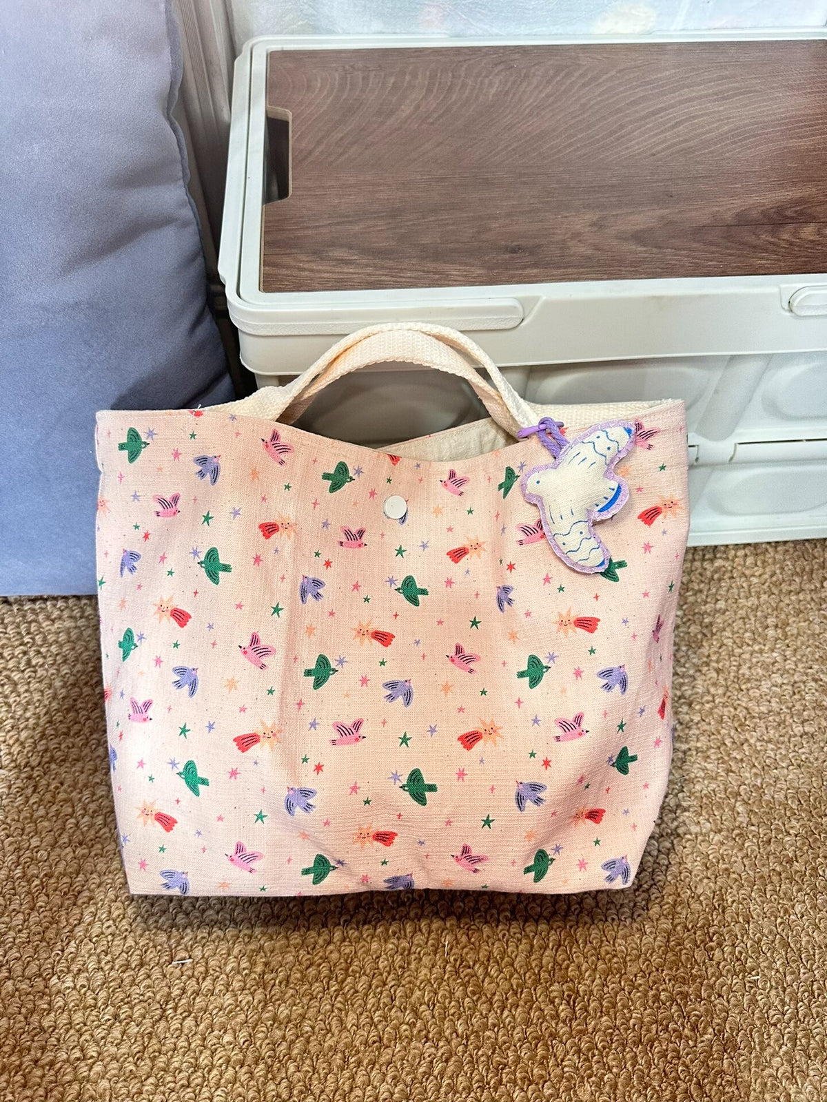 Summer Bird Print Handwoven Tote Bag