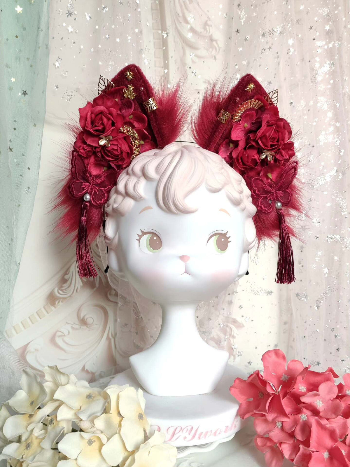 Wine Red Fox Ear Headband with Gold Charms