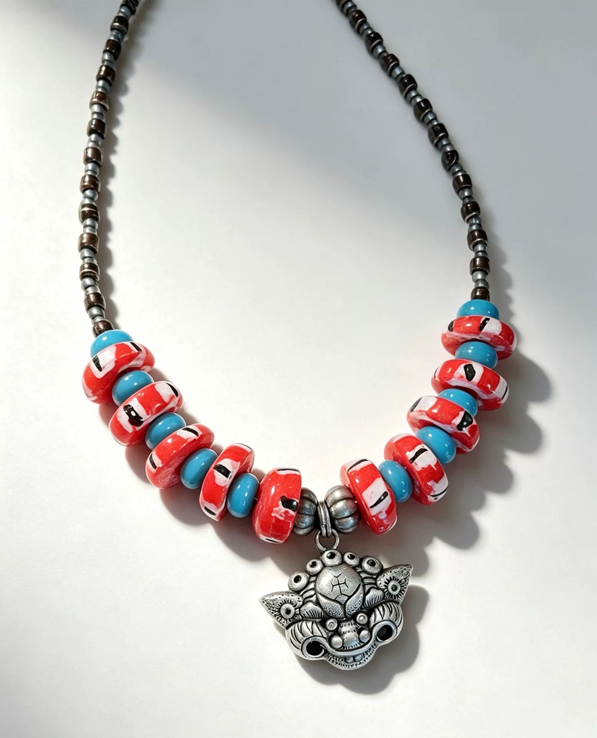 Handmade Glass Bead Necklace Red Blue