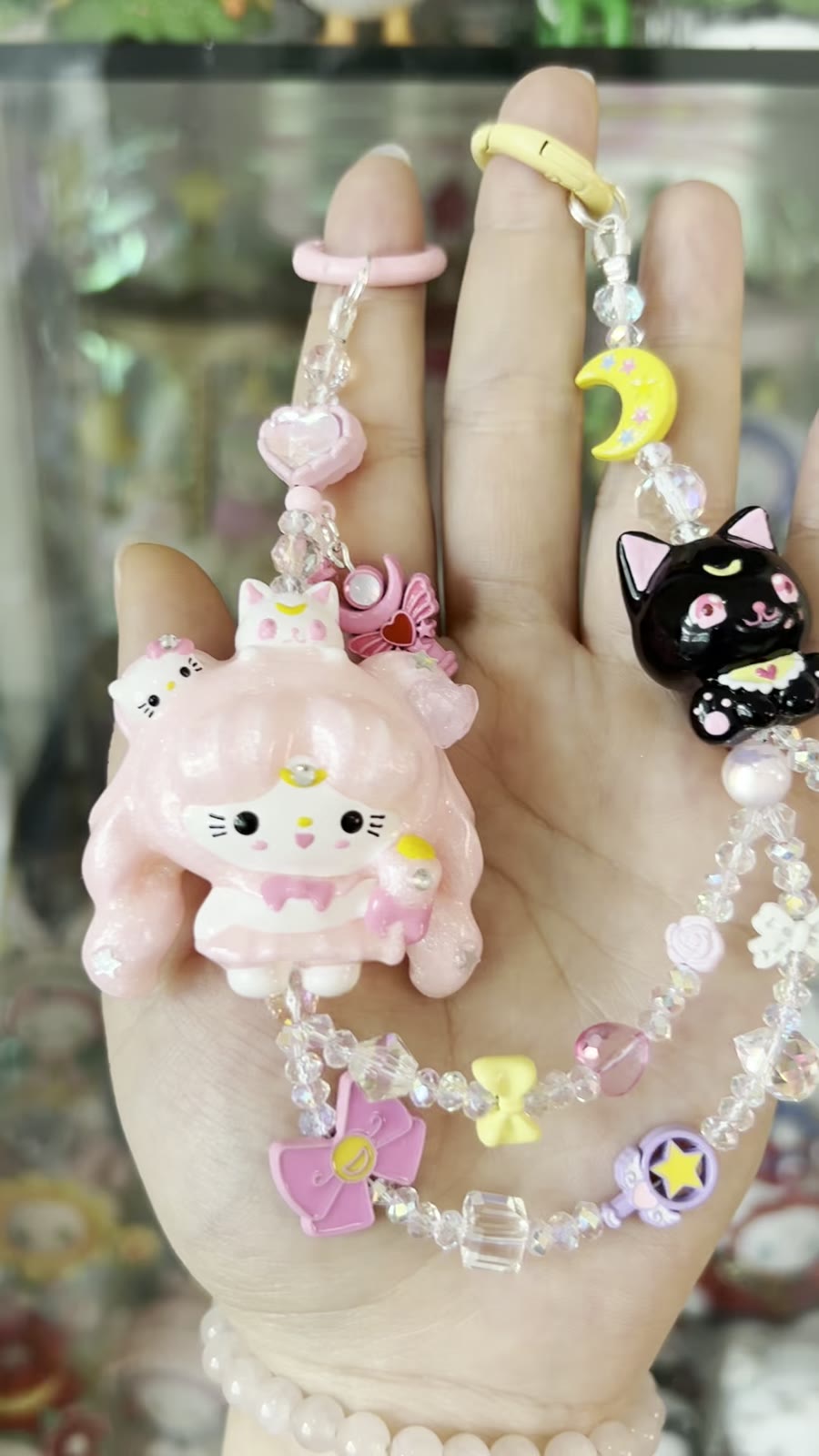 Hand-Painted Kitty Beaded Phone Strap Set