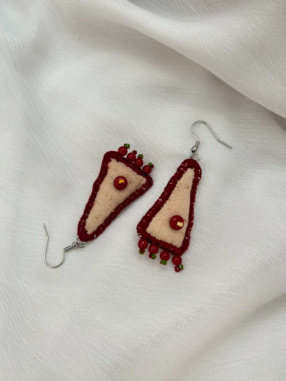 Handcrafted Fabric Earrings with Red Beads